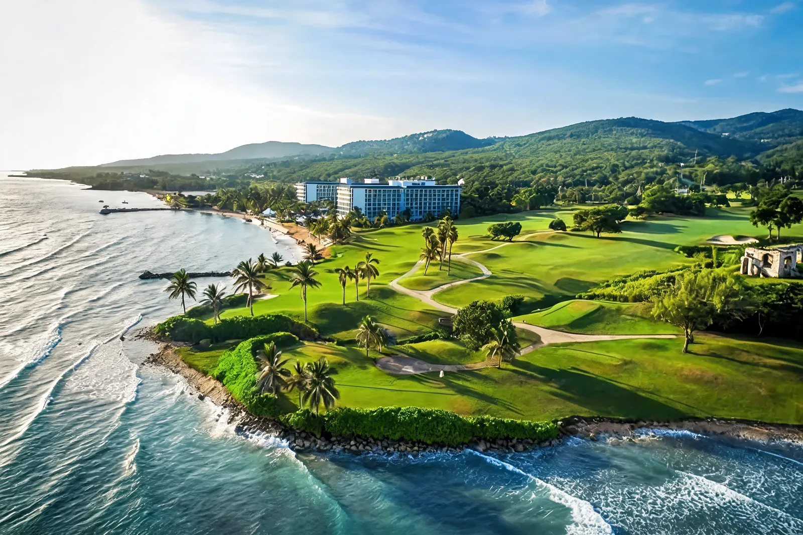 An aerial view of a coastal golf course, fairways and palms along a rocky shoreline with turquoise surf, green hills rising behind