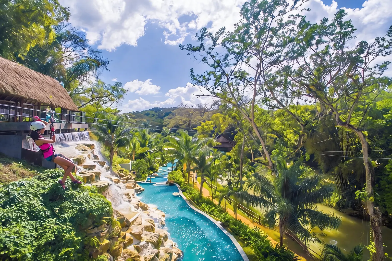 A zipline rider setting off from a thatched platform above a winding blue water channel, palms and green hills beyond