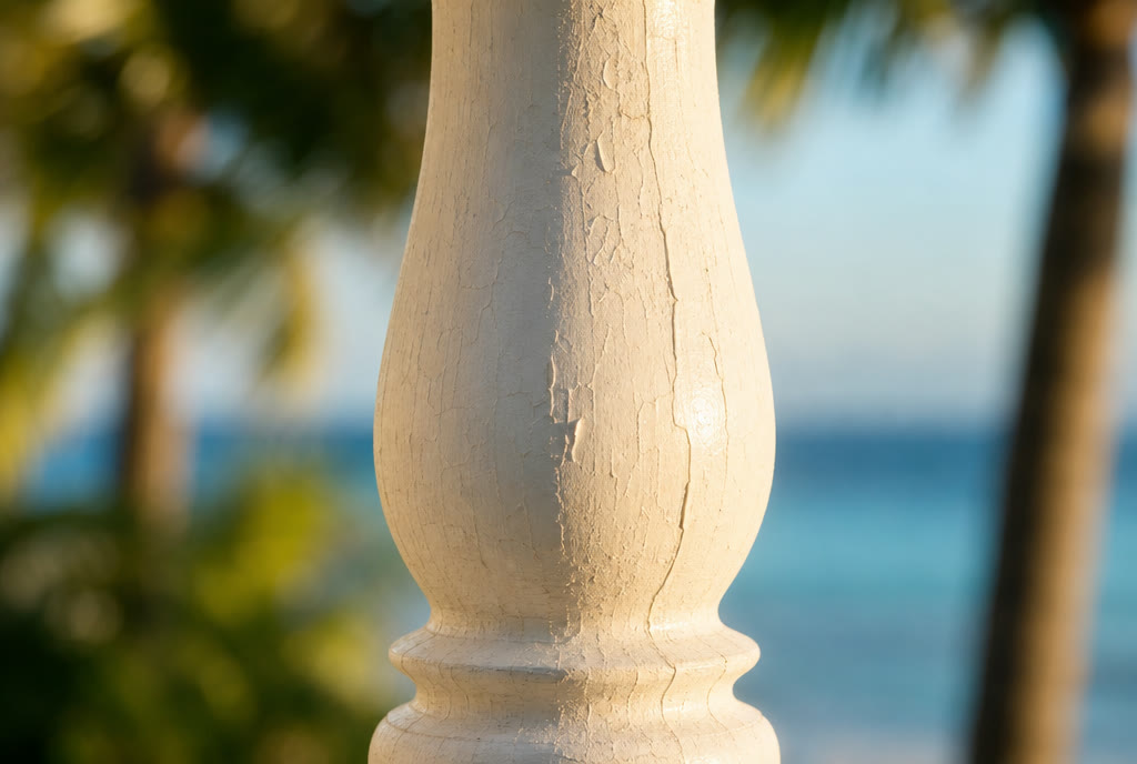 Macro study — white baluster against ocean bokeh