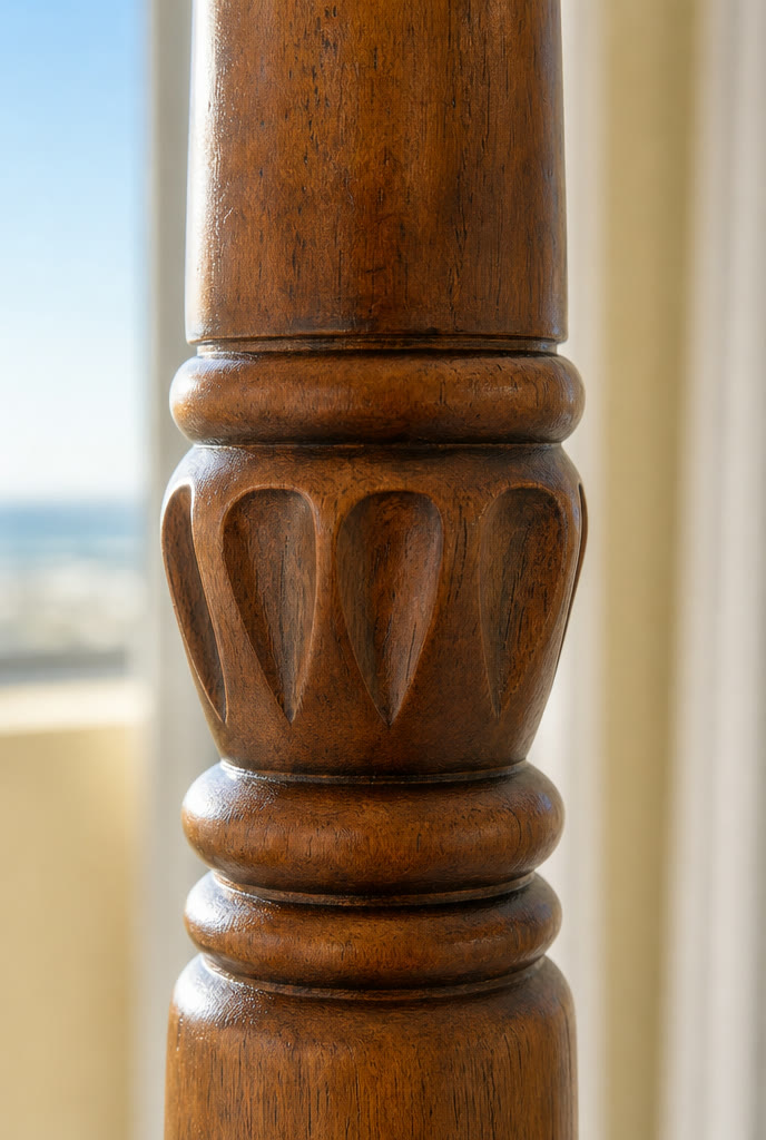 Macro study — carved bedpost detail in warm light