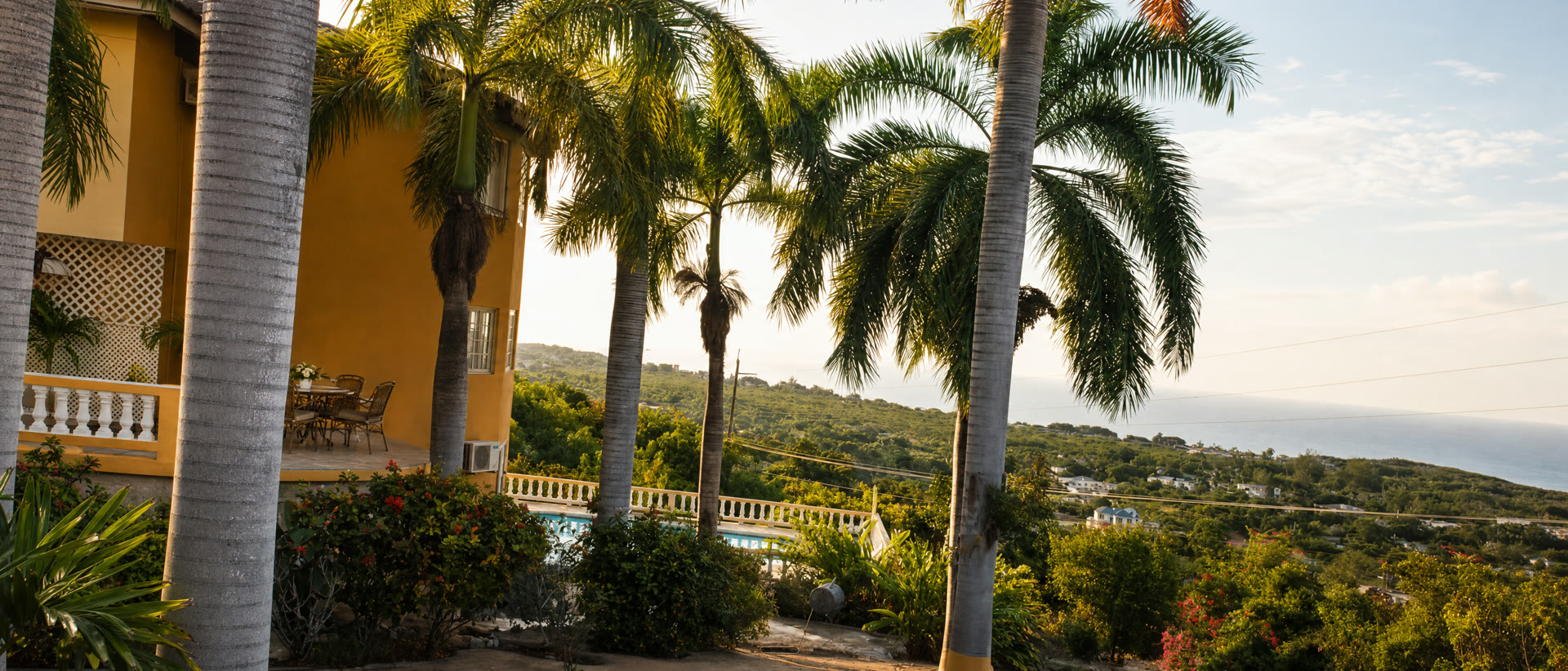 The veranda at golden hour, table among the palms