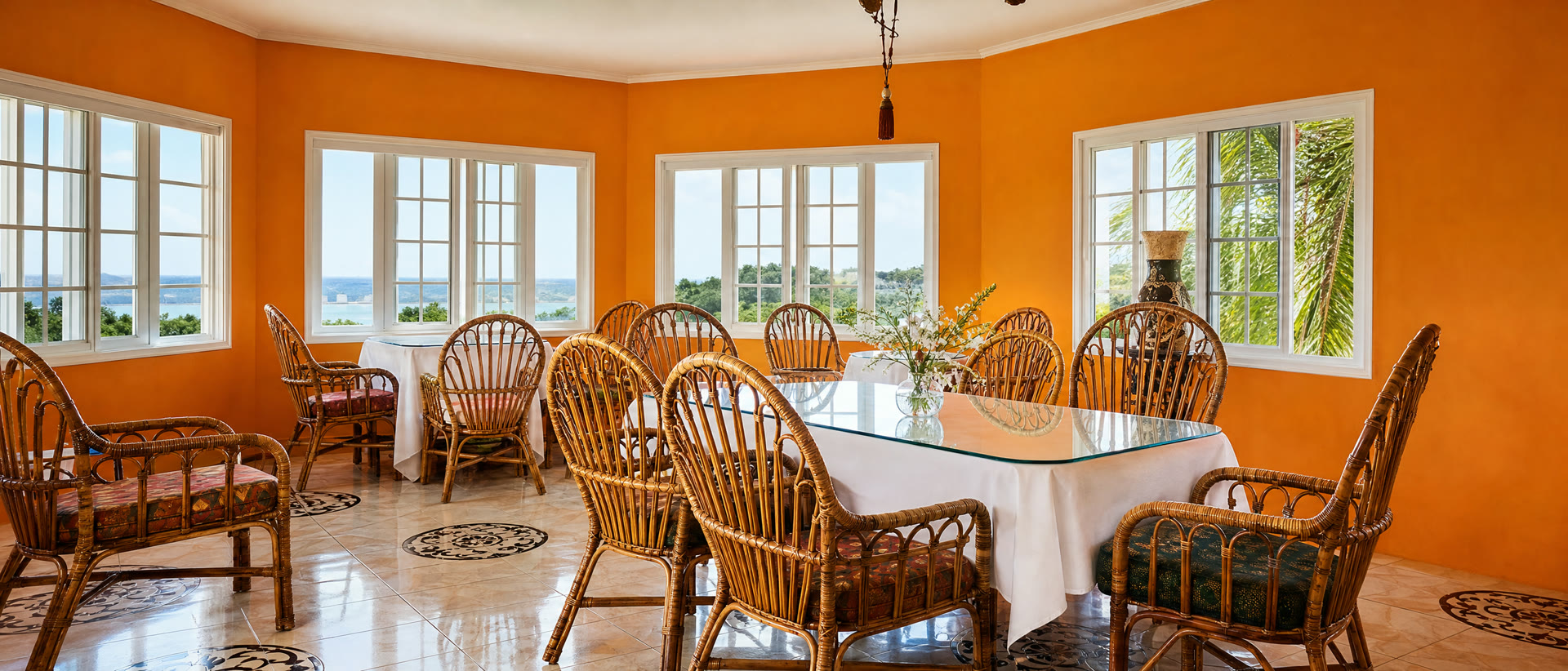 The orange dining room set in white linen