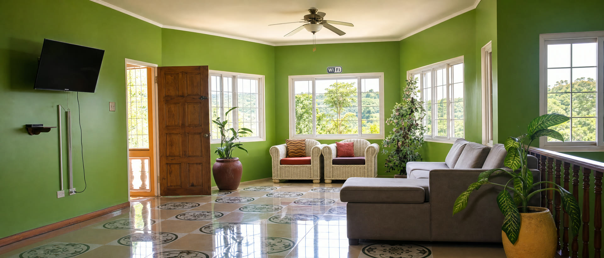 The green lounge with wicker chairs and balcony