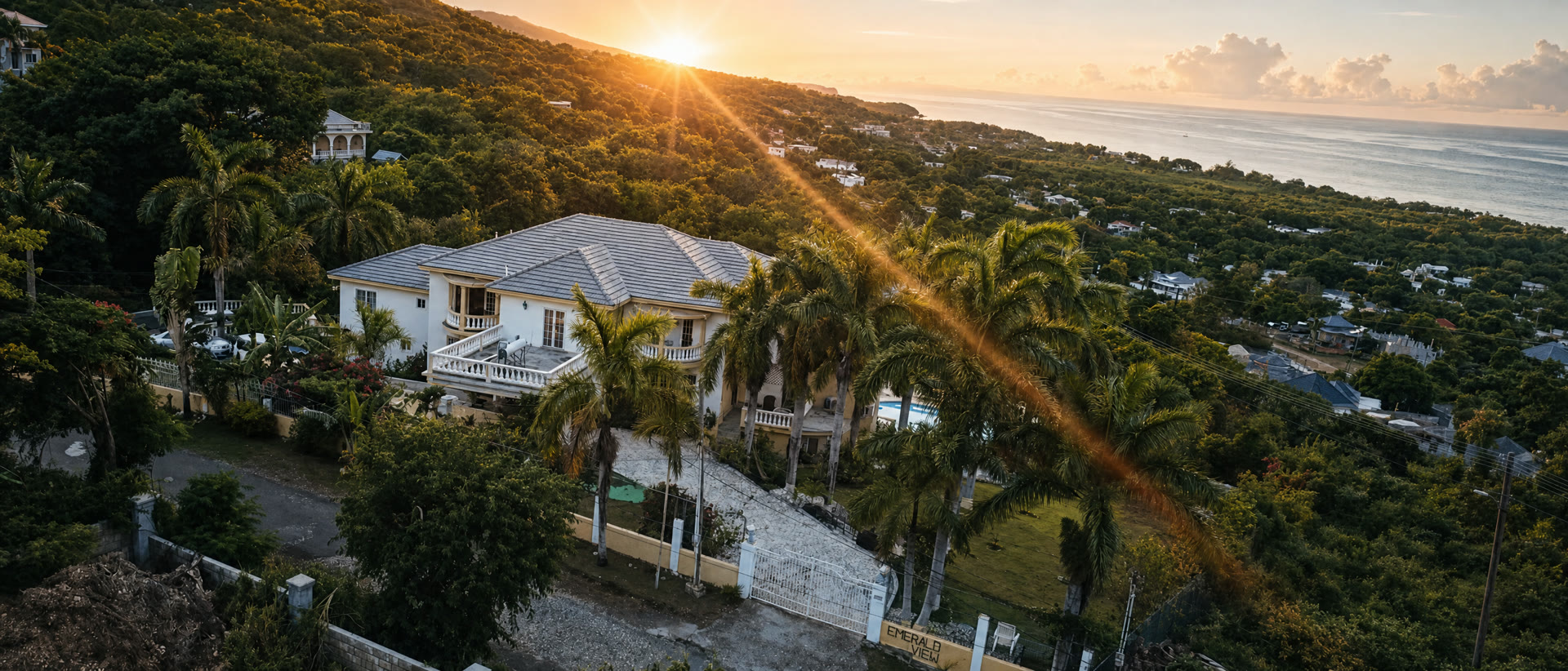 Aerial view at sunset, the Emerald View gate below